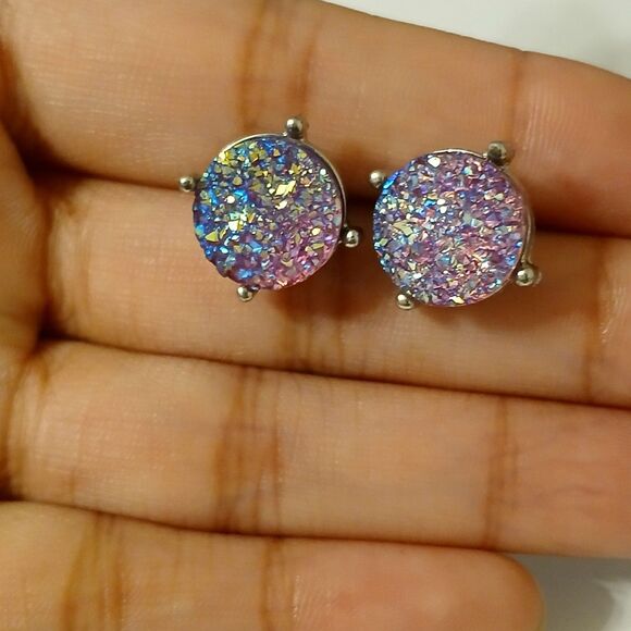 Iridescent Purple Shiny Faux Druzy Crystal Jewel Stud Earrings - Picture 7 of 8